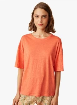 IDALINE - Linnen T-shirt Met Ronde Hals | Rood