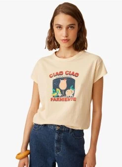 IANAELLE - T-shirt Met Zeefdruk Linnen/katoenblend | Beige -Wilson.NL 3985192