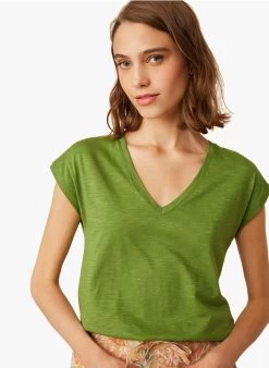 IRIS - Recht T-shirt Met V-hals Katoenblend | Groen