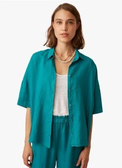 ELISA - Wijde, Soepelvallende, Linnen Blouse | Blauw -Wilson.NL 3985220