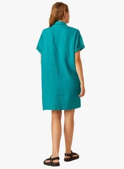 ELINE - Korte, Linnen Jurk Met Klassieke Kraag | Blauw -Wilson.NL 3985248