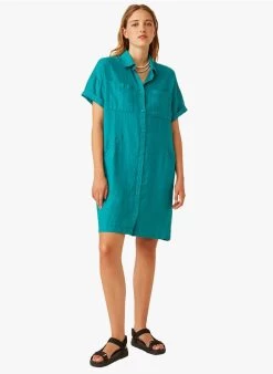 ELINE - Korte, Linnen Jurk Met Klassieke Kraag | Blauw -Wilson.NL 3985249