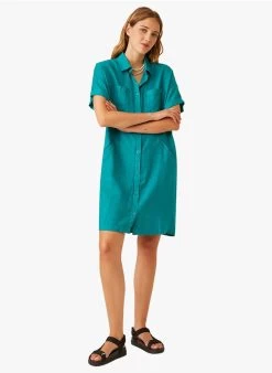 ELINE - Korte, Linnen Jurk Met Klassieke Kraag | Blauw