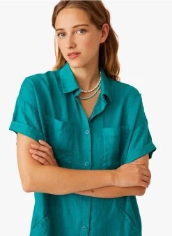 ELINE - Korte, Linnen Jurk Met Klassieke Kraag | Blauw -Wilson.NL 3985251