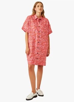 ELEANA - Linnen Overhemdjurk Met Bloemenprint | Rood