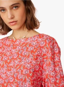 ELEANOR - Ruimvallende, Linnen Blouse Met Bloemenprint | Rood