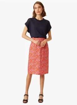 ELEN - Halflange, Linnen Rok Met Print | Rood