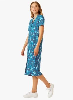 EUGENIE - Halflange Jurk Met Reverskraag En Print | Blauw -Wilson.NL 3985374