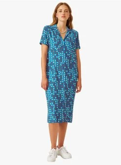 EUGENIE - Halflange Jurk Met Reverskraag En Print | Blauw