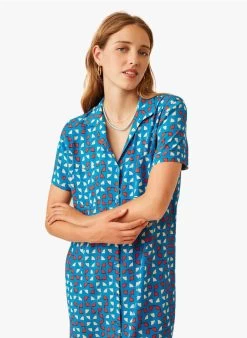 EUGENIE - Halflange Jurk Met Reverskraag En Print | Blauw -Wilson.NL 3985378