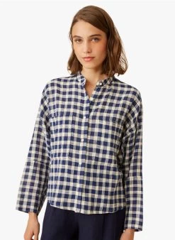 ELSON - Geruite, Katoenen Blouse Met Maokraag | Blauw -Wilson.NL 3985451