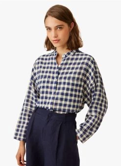 ELSON - Geruite, Katoenen Blouse Met Maokraag | Blauw -Wilson.NL 3985452