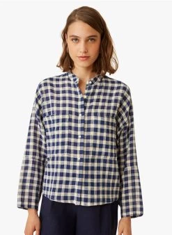 ELSON - Geruite, Katoenen Blouse Met Maokraag | Blauw