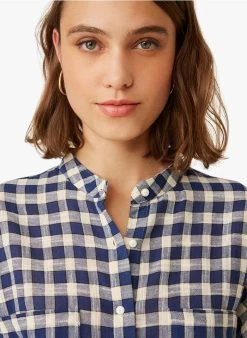 ELSON - Geruite, Katoenen Blouse Met Maokraag | Blauw -Wilson.NL 3985454