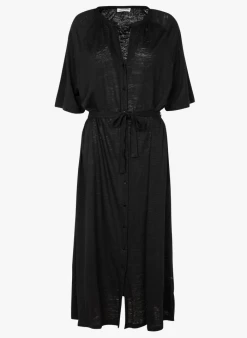 IDALINA - Lange, Linnen Jurk Met V-hals | Zwart -Wilson.NL 4059667