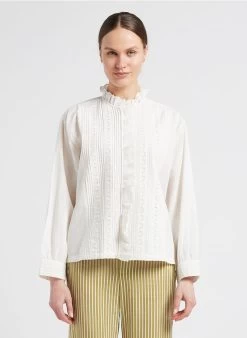 EURELIANA - Katoenen Blouse Met Opstaande Kraag En Borduursel | Wit