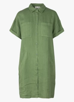 ELINE - Korte, Linnen Jurk Met Klassieke Kraag | Groen -Wilson.NL 4115809