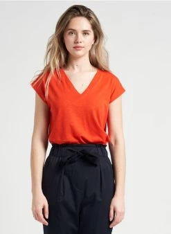 IRIS - Recht T-shirt Met V-hals Katoenblend | Rood