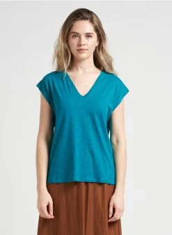 IRIS - Recht T-shirt Met V-hals Katoenblend | Blauw