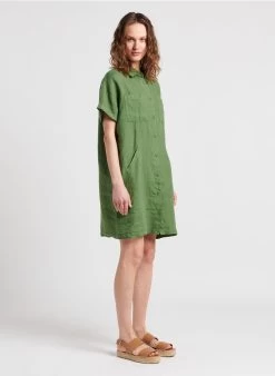 ELINE - Korte, Linnen Jurk Met Klassieke Kraag | Groen -Wilson.NL 4124104