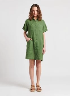 ELINE - Korte, Linnen Jurk Met Klassieke Kraag | Groen