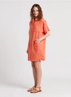 ELINE - Korte, Linnen Jurk Met Klassieke Kraag | Rood -Wilson.NL 4124410