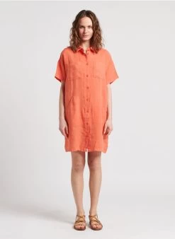 ELINE - Korte, Linnen Jurk Met Klassieke Kraag | Rood