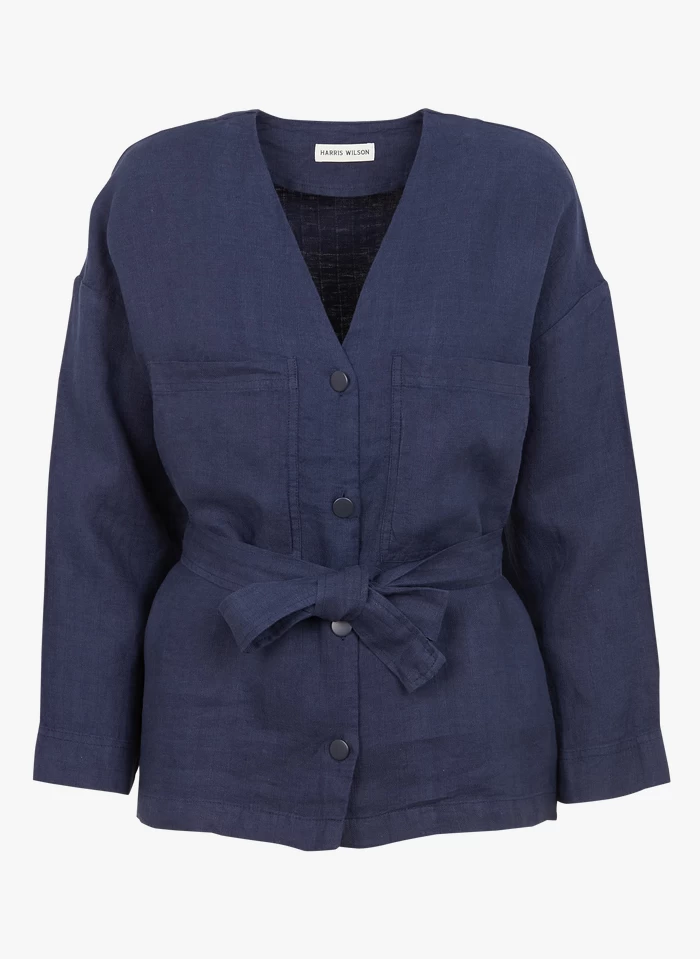 ELODIE - Linnen Jasje Met V-hals En Strikdetail | Blauw 4 ELODIE - Linnen Jasje Met V-hals En Strikdetail | Blauw - Image 2