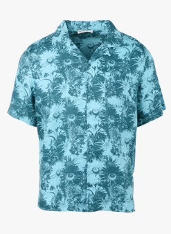 DAMIEN - Linnen Overhemd Met Cubaanse Kraag En Print | Blauw