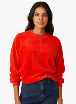 ISA - Sweater Van Katoenvelours Met Ronde Hals En Ribbeltextuur | Rood -Wilson.NL 4213129