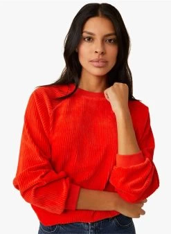 ISA - Sweater Van Katoenvelours Met Ronde Hals En Ribbeltextuur | Rood -Wilson.NL 4213131