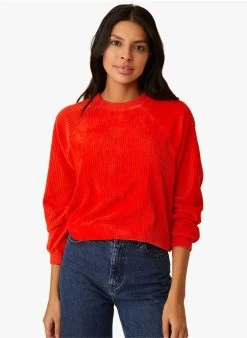 ISA - Sweater Van Katoenvelours Met Ronde Hals En Ribbeltextuur | Rood -Wilson.NL 4213134