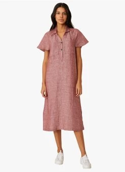 EMMA - Rechte, Linnen Jurk Met Klassieke Kraag | Gestreepte