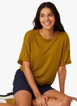 IDALINE - Linnen T-shirt Met Ronde Hals | Kaki