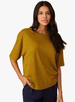 IDALINE - Linnen T-shirt Met Ronde Hals | Kaki -Wilson.NL 4213287