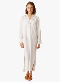 ELINDA - Ruimvallende, Lange, Linnen Jurk Met Overhemdkraagje | Wit