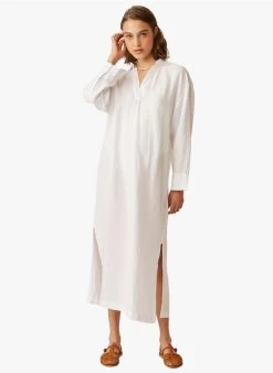 ELINDA - Ruimvallende, Lange, Linnen Jurk Met Overhemdkraagje | Wit -Wilson.NL 4213662