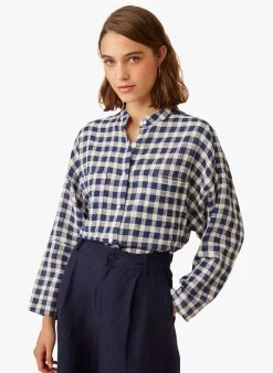 ELSON - Geruite, Katoenen Blouse Met Maokraag | Blauw -Wilson.NL 4213784