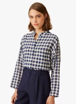 ELSON - Geruite, Katoenen Blouse Met Maokraag | Blauw -Wilson.NL 4213785