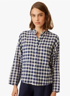 ELSON - Geruite, Katoenen Blouse Met Maokraag | Blauw -Wilson.NL 4213786