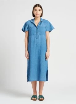 EYMAELLE - Halflange Spijkerjurk Met Klassieke Kraag | Blauw